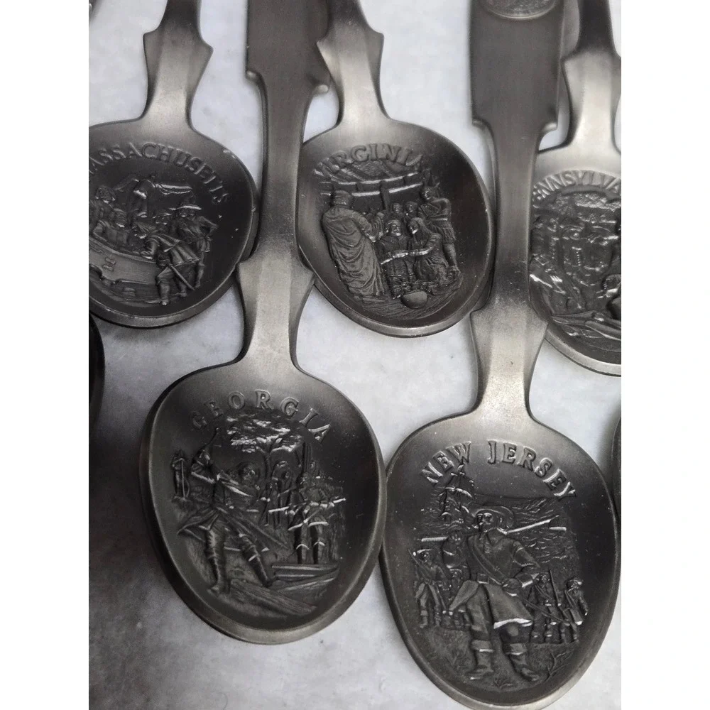 Vintage 1976 Franklin Mint 13 Colonies Pewter Souvenir Spoon Set Bicentennial